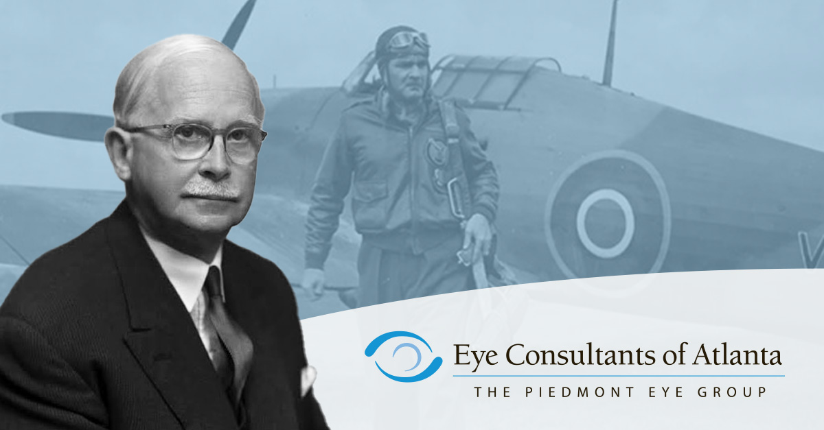 Headshot of British ophthalmologist, Dr. Harold Ridley in front of a photo of British flying ace, Squadron Leader Gordon "Mouse" Cleaver in front of an airplane